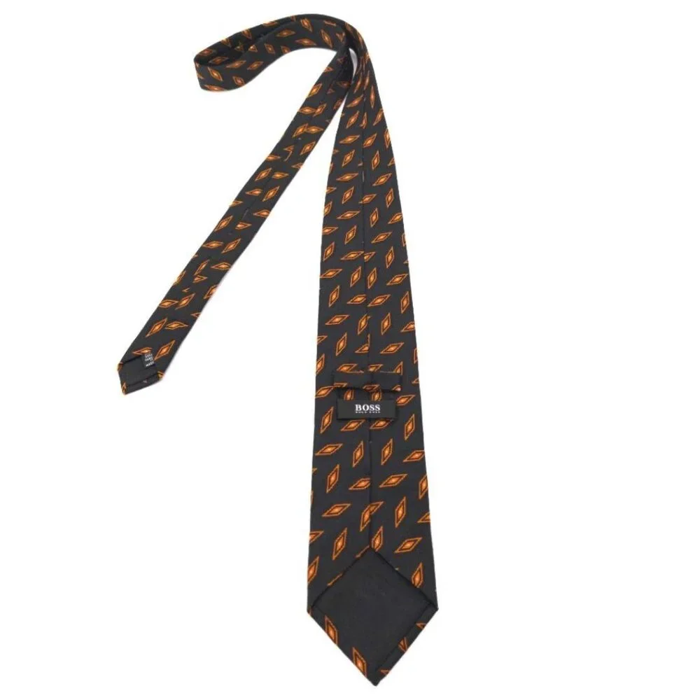 Hugo Boss Tie Orange Black Silk Geometric‎ Print Made In Italy 58